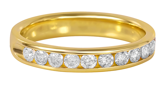 Closeup image of a gold diamond faceted wedding band