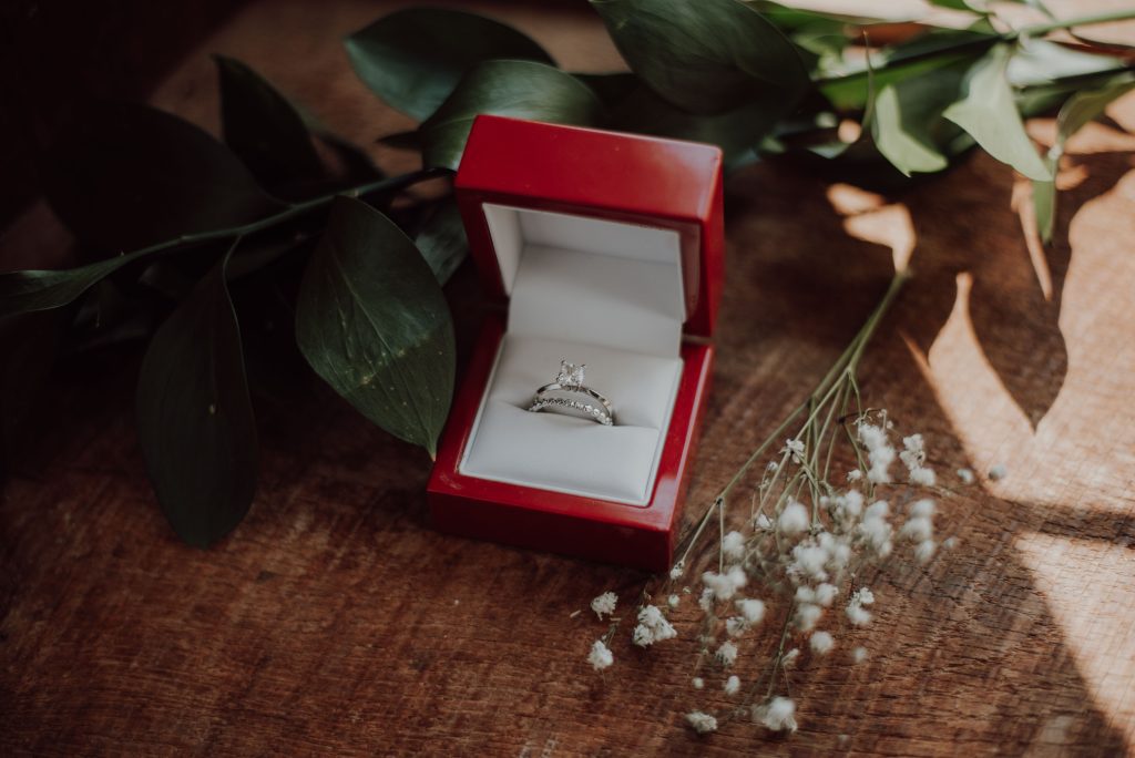 Image of a diamond engagement ring in a red proposal box
